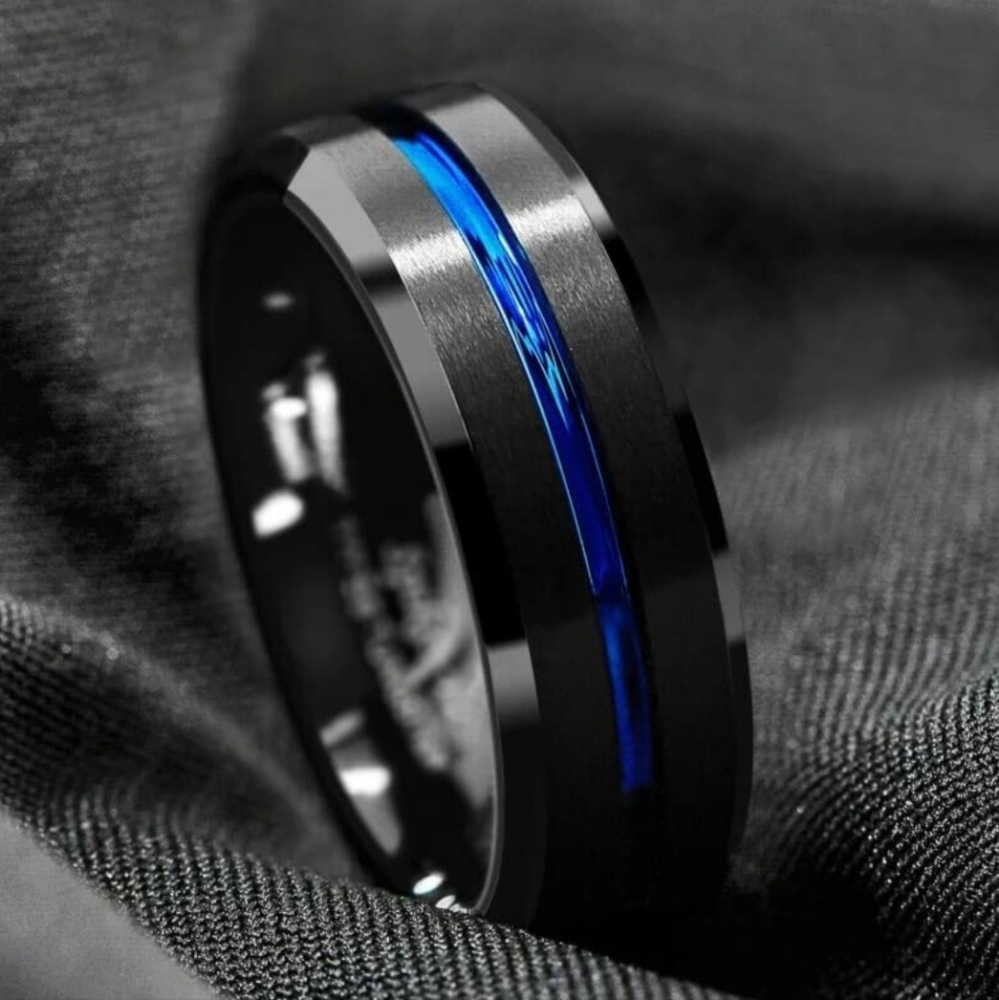 8MM NWT Stainless Steel Black with Center Blue Streak Ring, Size 10 - Picture 1 of 8